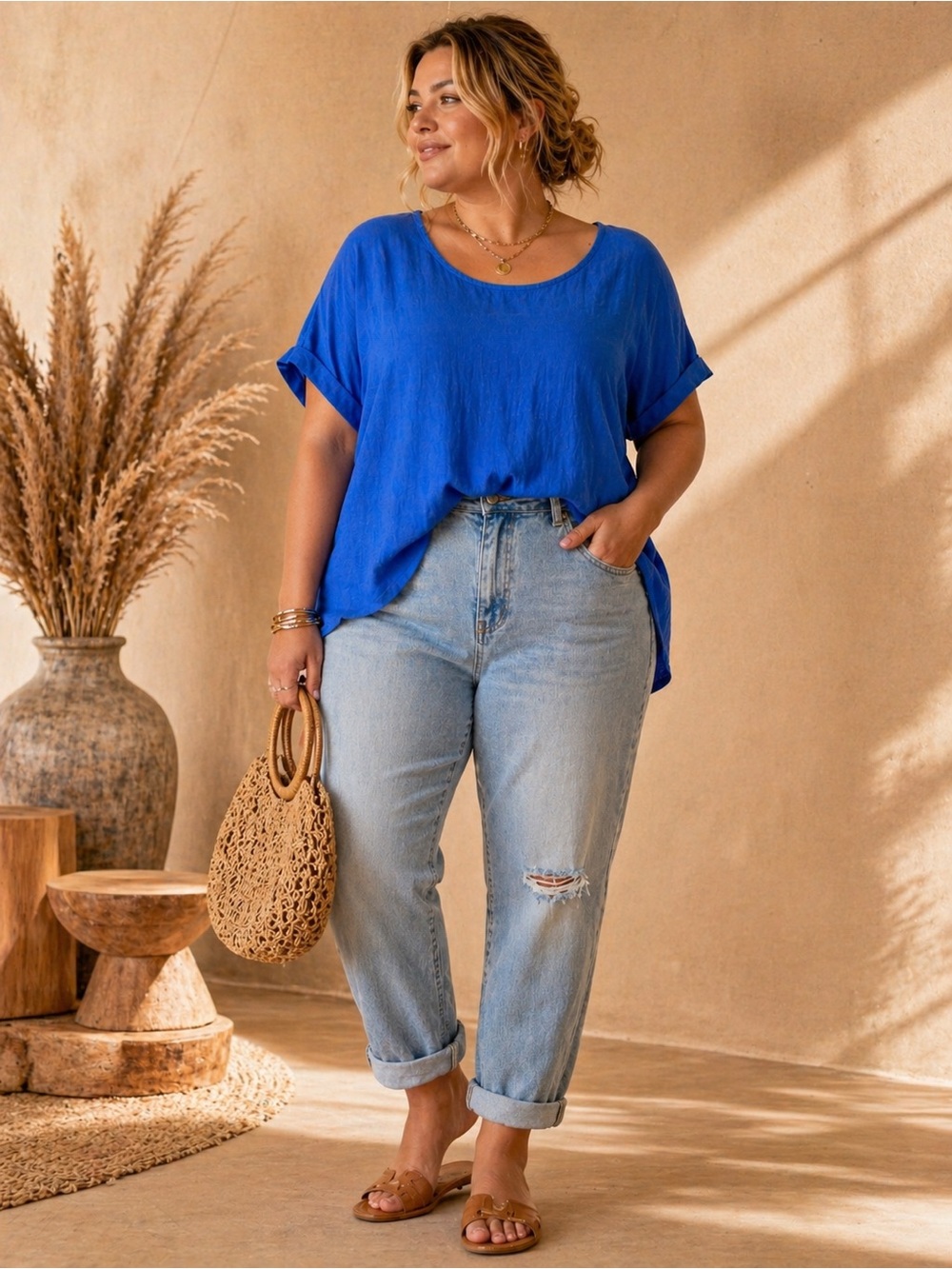 100% Linen Top 2X Blue High Low  Blouse Coastal Preppy Plus Size